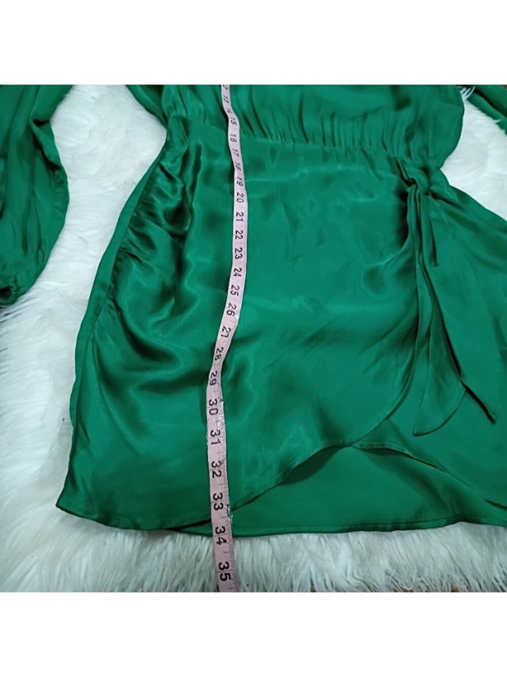 Zara Womens Green Satin Mini Dress M Long Sleeve Waist-Tie Wrap Design - Picture 7 of 10
